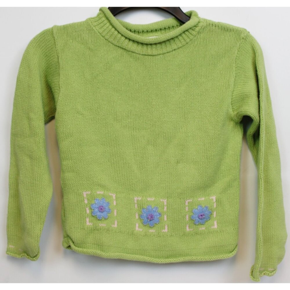 Cottontail Originals Spring Green Sweater sz 6 Felt Flowers Rolled Hem Mock Neck